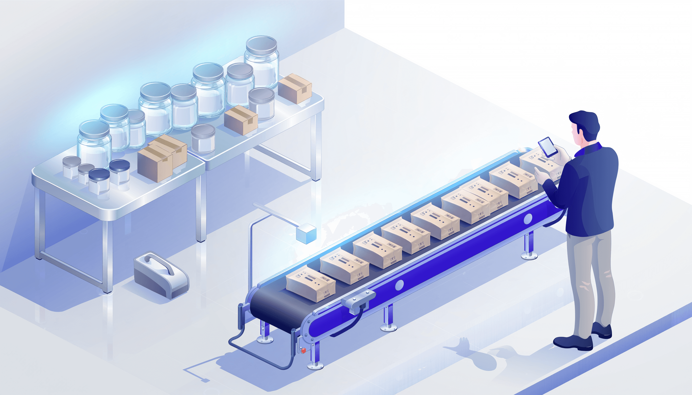 Ilustração de pequena operação industrial organizada com potes, caixas e esteira compacta para codificação