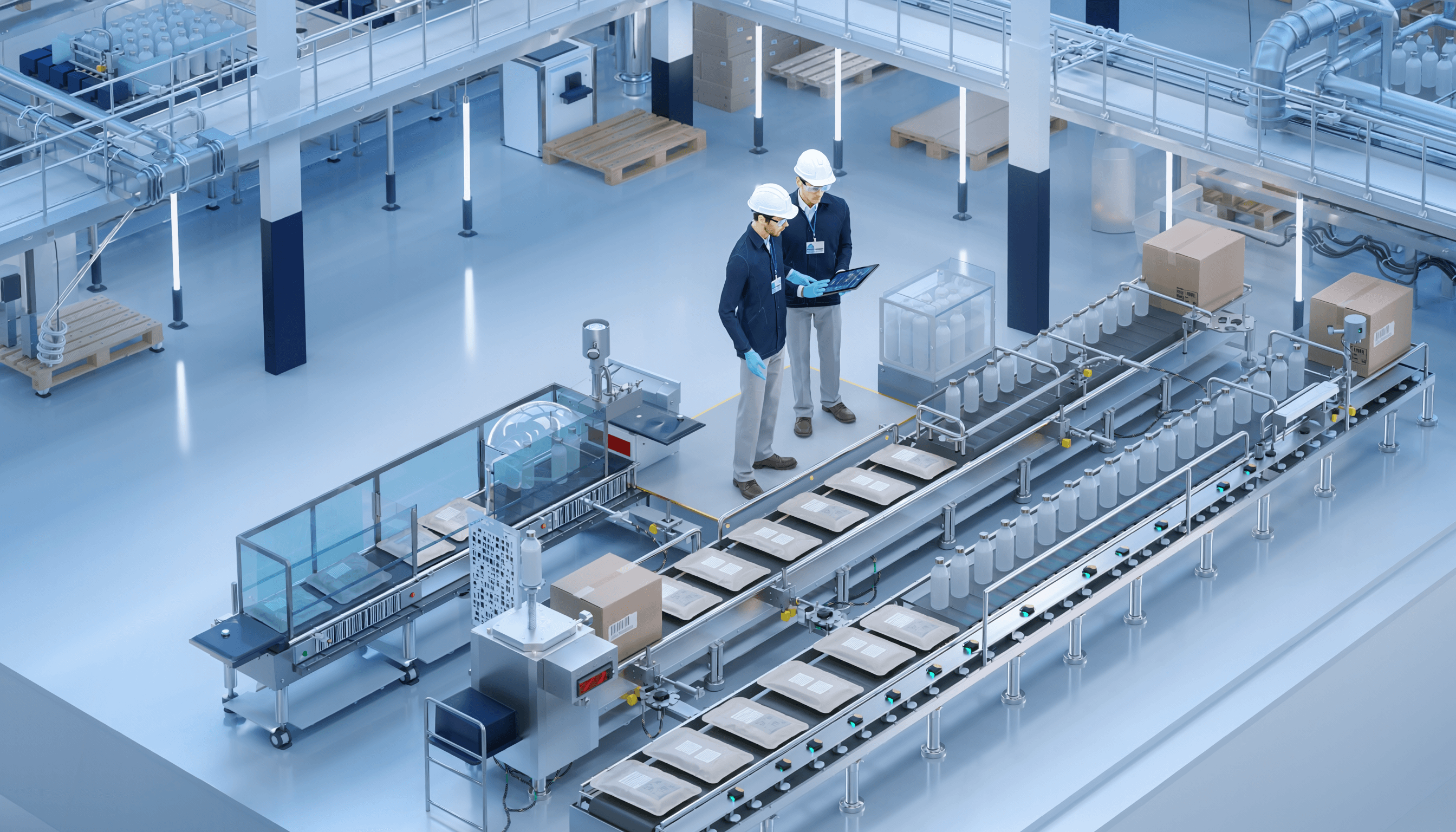 Ilustração de fábrica moderna com múltiplas linhas, embalagens e profissionais avaliando a integração
