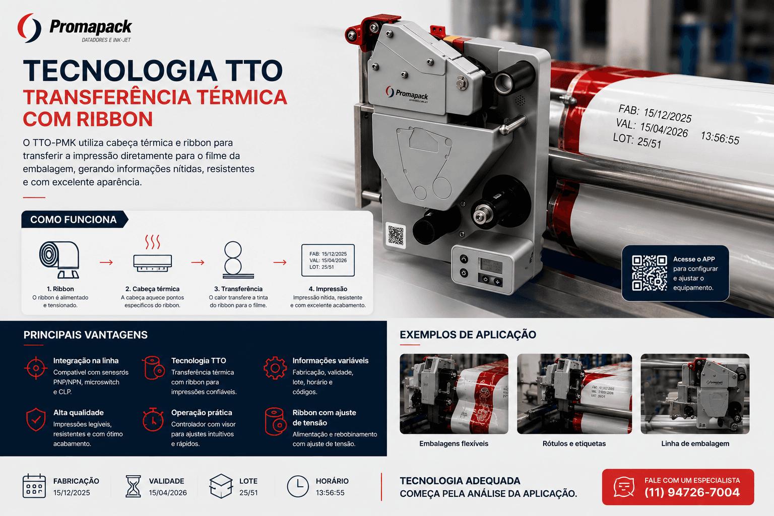 Datador TTO-PMK em vista lateral com roletes, ribbon e painel pequeno visíveis