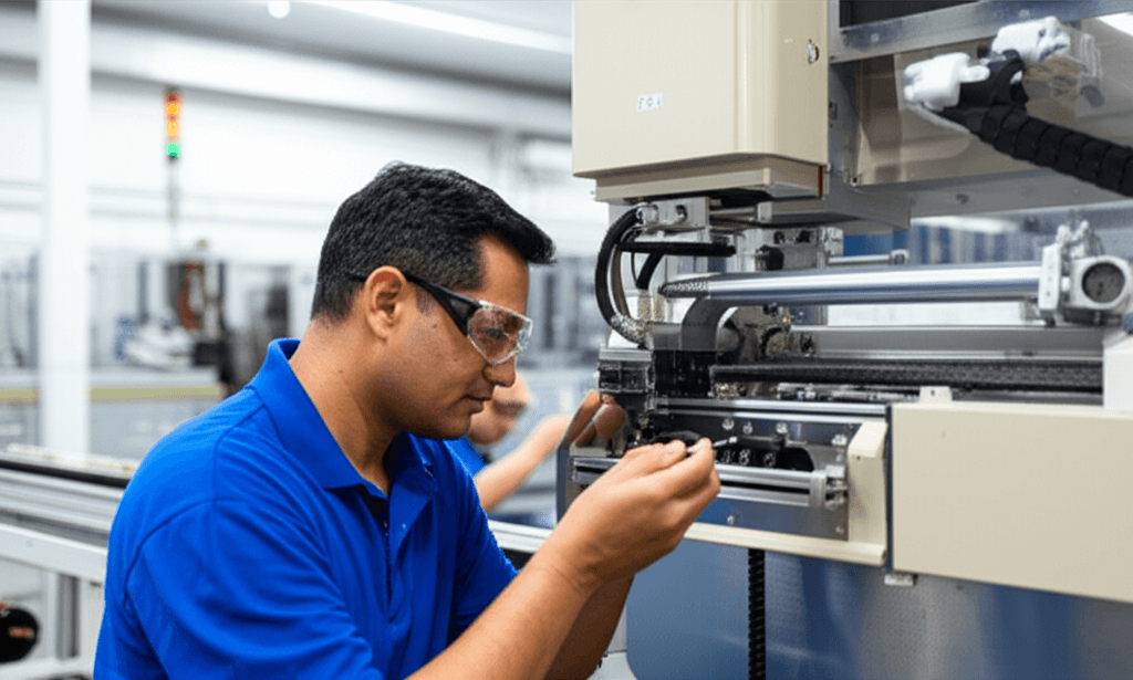 Profissional inspecionando equipamento em ambiente de produção industrial