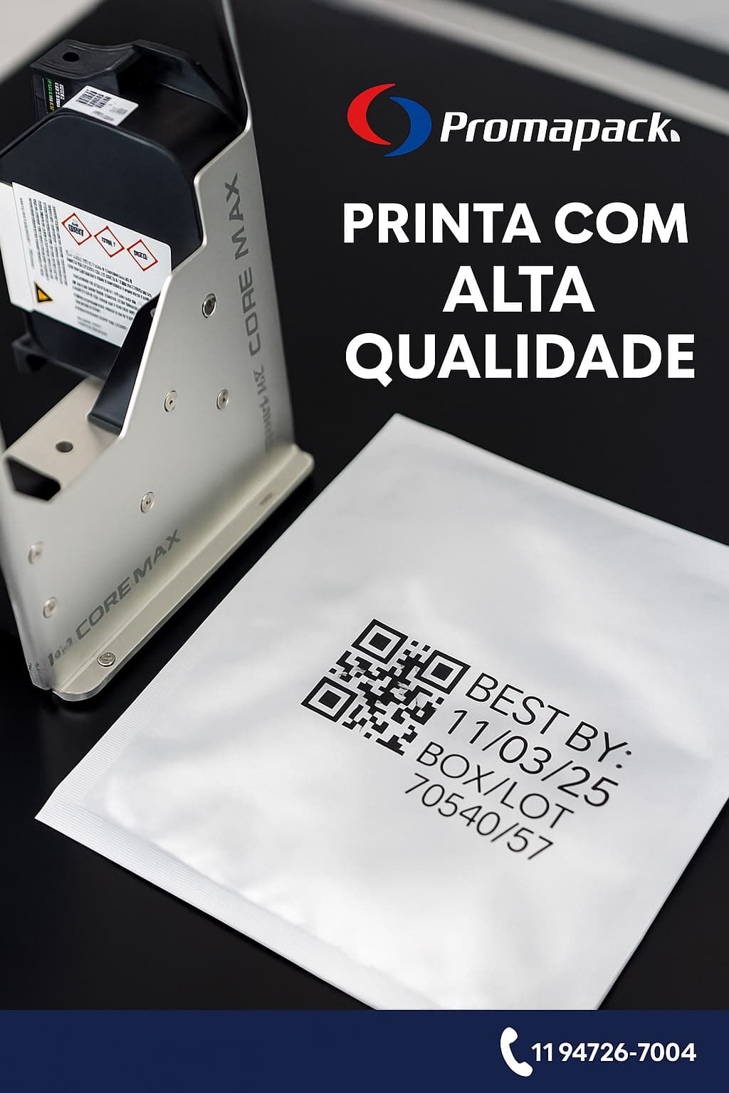 Cabeçote CORE MAX próximo a uma impressão de código 2D e texto