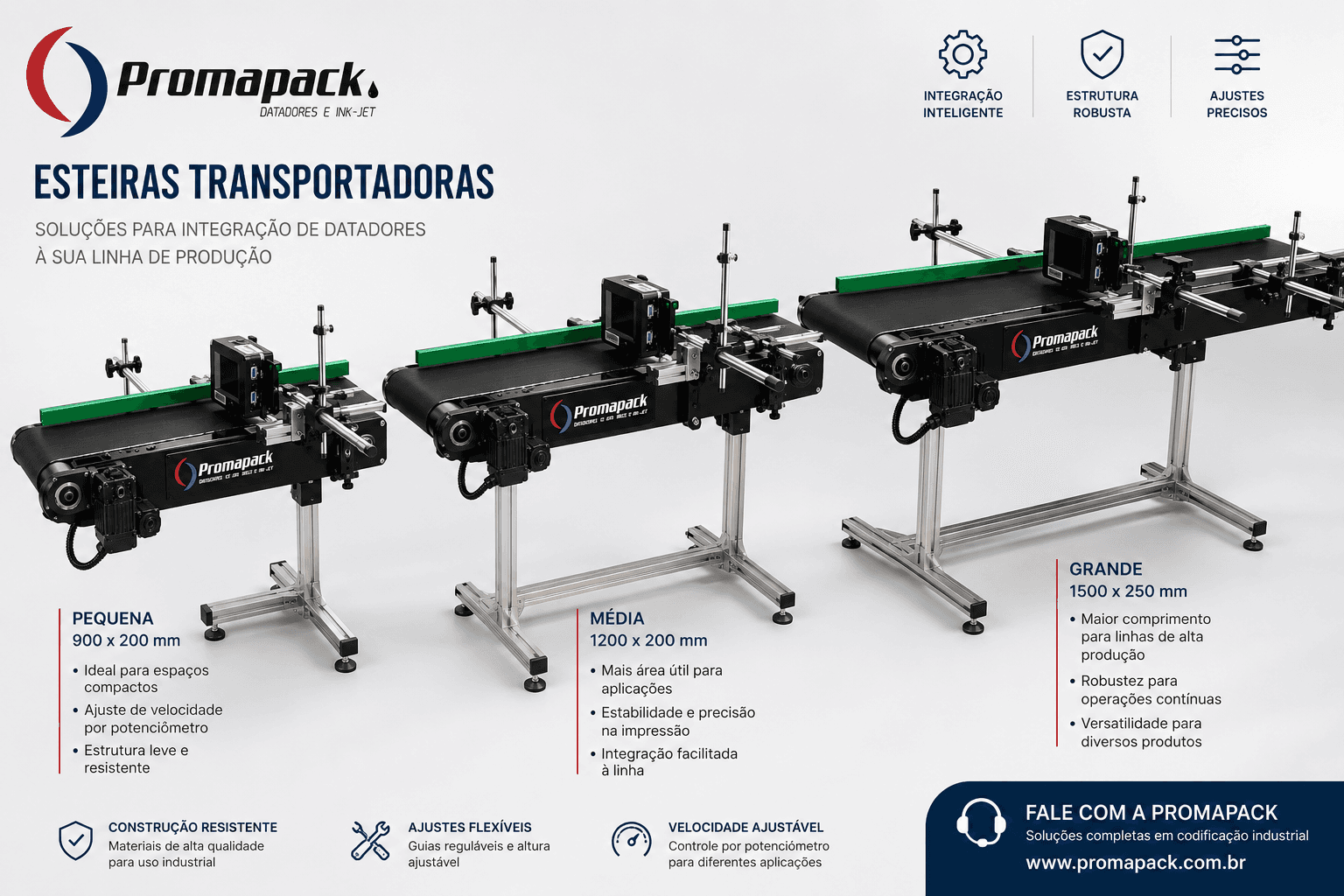Esteira transportadora com embalagem, datador e suportes instalados