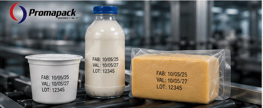 Pote, garrafa e embalagem de queijo com marcação de fabricação, validade e lote