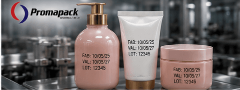 Frascos, tubo e pote de cosméticos com marcações industriais nas embalagens