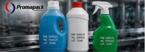 Frascos e galões de produtos de limpeza com lote, fabricação e validade impressos