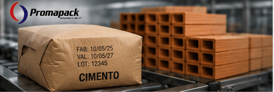 Saco de cimento em esteira industrial com lote, fabricação e validade marcados