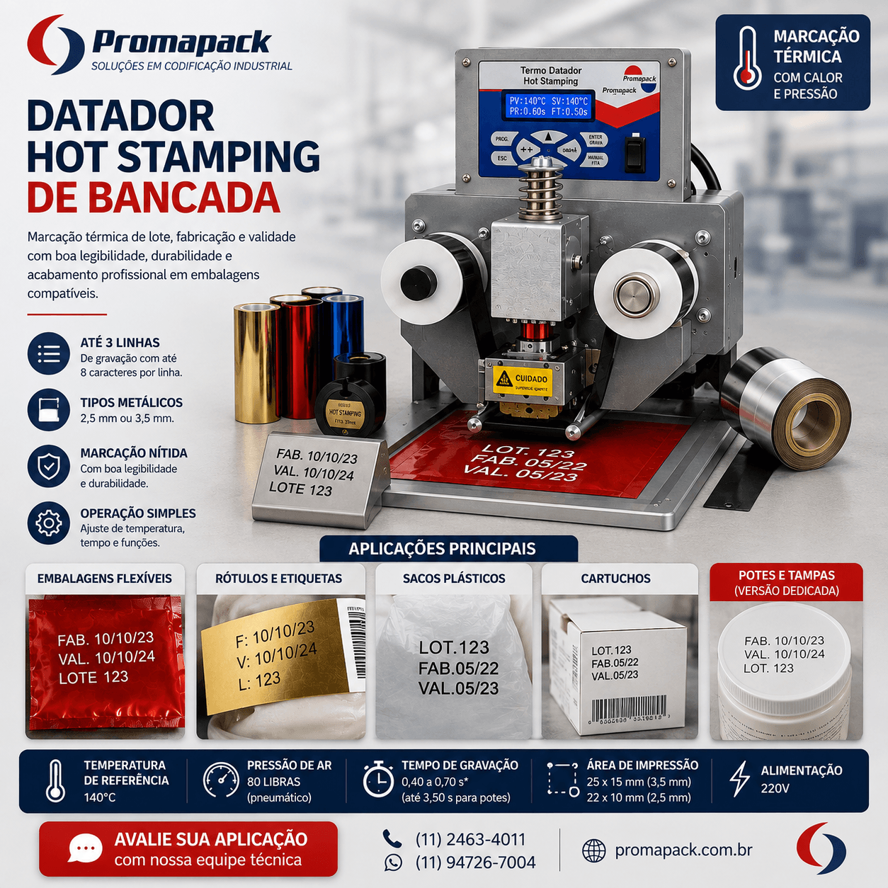 Datador Hot Stamping de bancada da Promapack com painel, base e rolos de foil