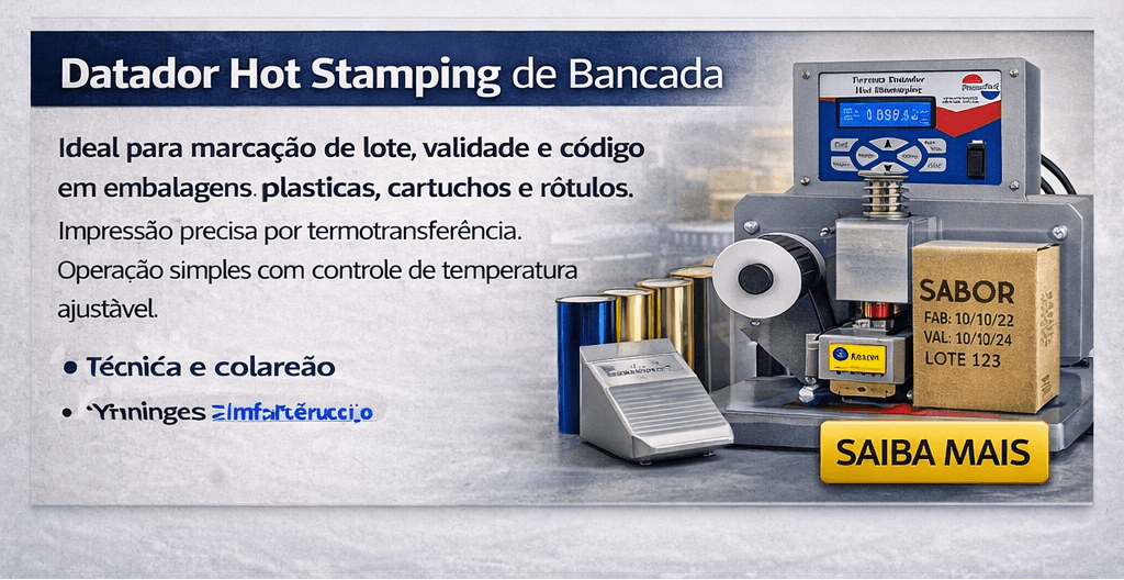Datador Hot Stamping apresentado com painel, pedal, foil e embalagem marcada