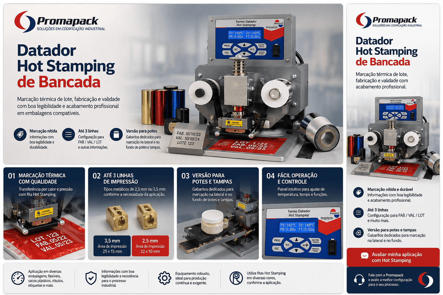Detalhes do Datador Hot Stamping, tipos metálicos e configuração para potes