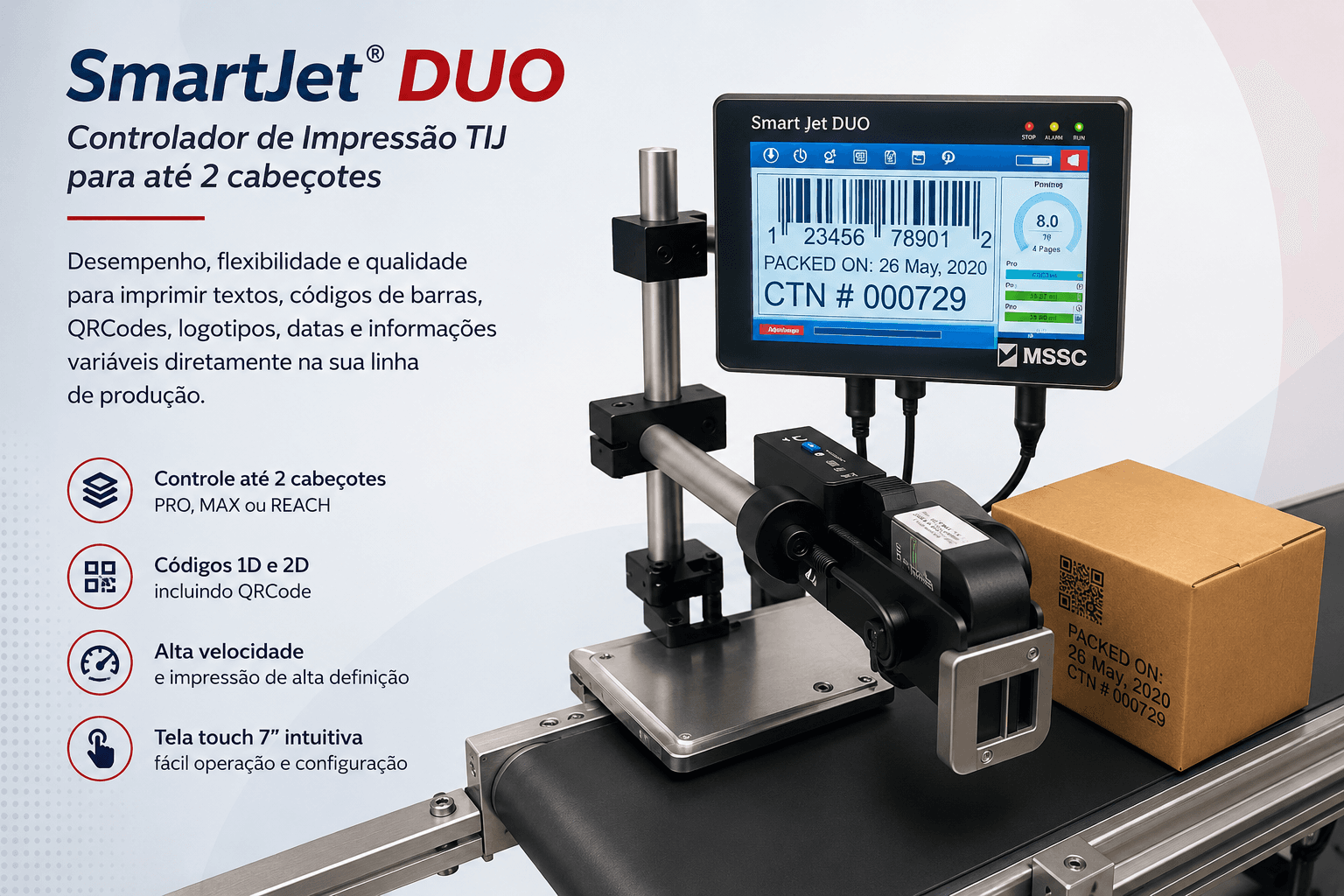 Controlador SmartJet DUO ligado a dois cabeçotes de impressão