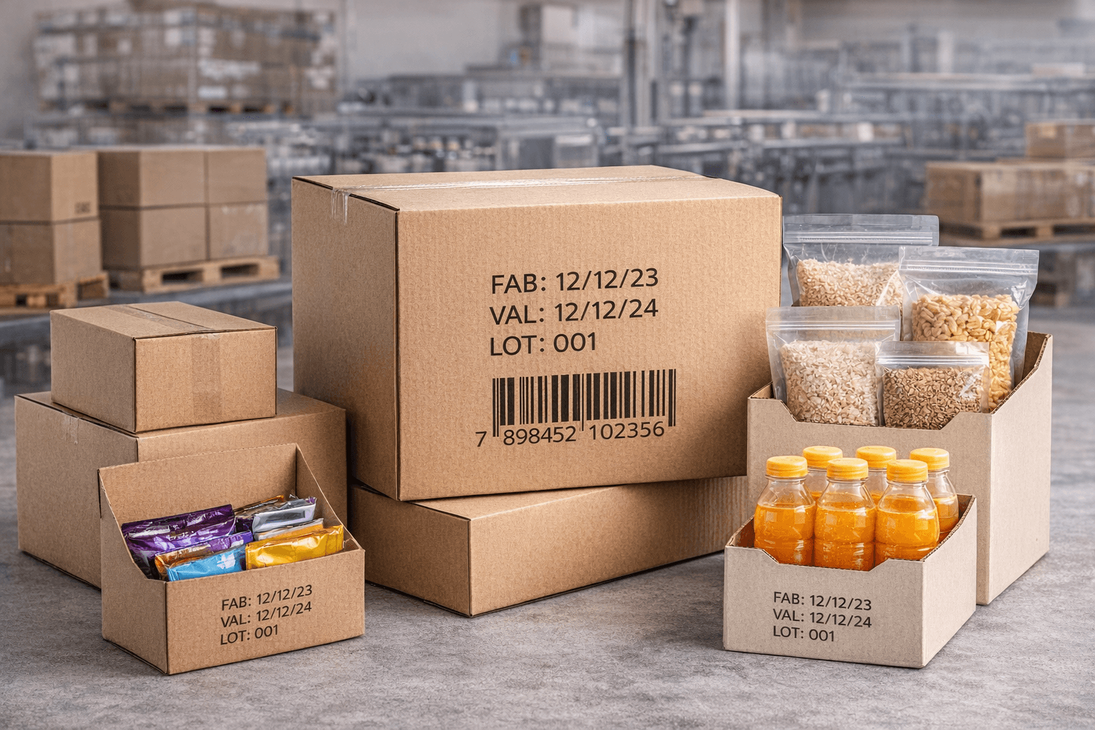 Caixas de papelão em linha de embalagem alimentícia
