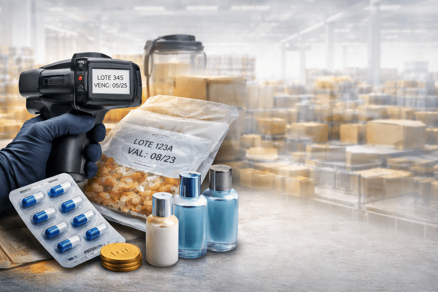 Profissional em ambiente farmacêutico representando codificação industrial com rastreabilidade