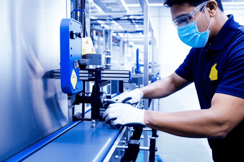 Técnico avaliando a instalação de um datador em uma linha industrial
