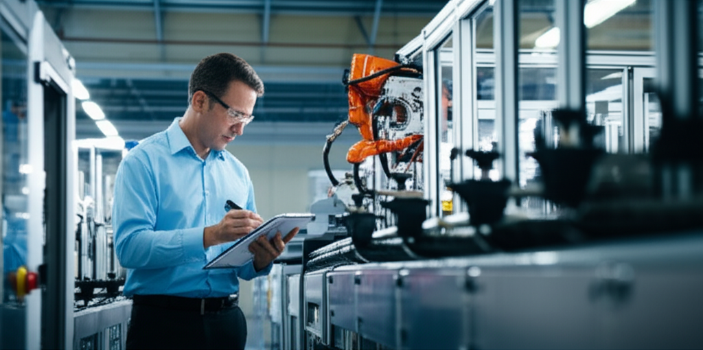 Consultor técnico analisando linha de produção